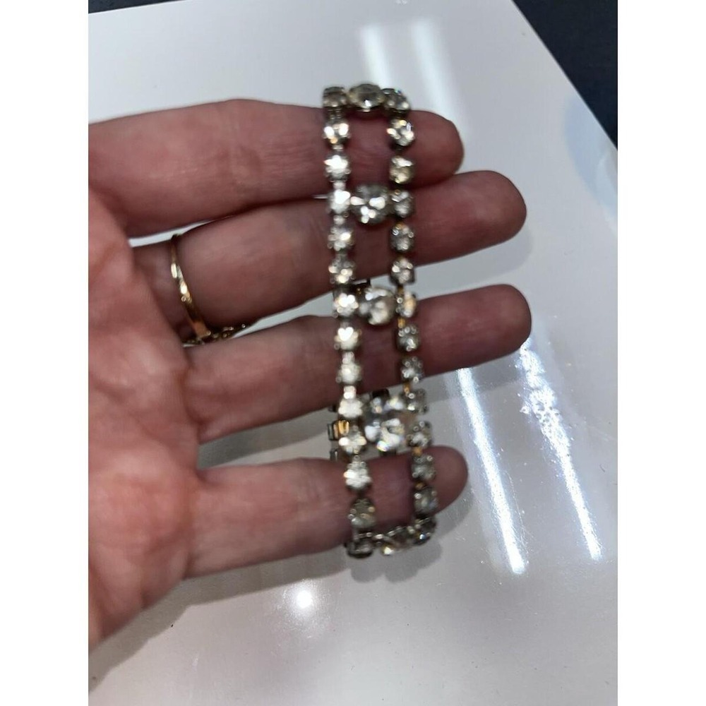 Vintage Clear Rhinestone Double Strand Bracelet Silver Tone Prong Set Wedding